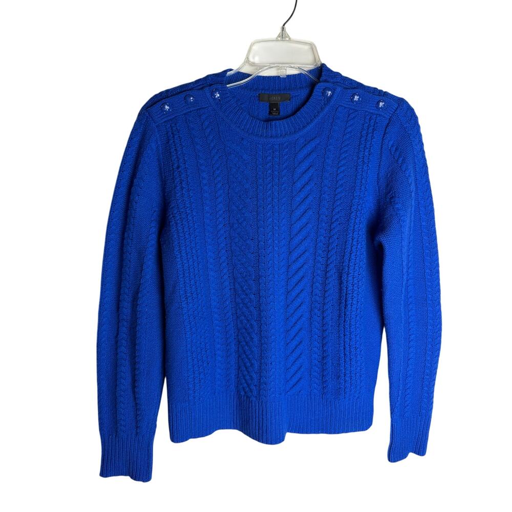 J.Crew Bright Blue 100% Wool Cable Knit Sweater Size M Shoulder Buttons